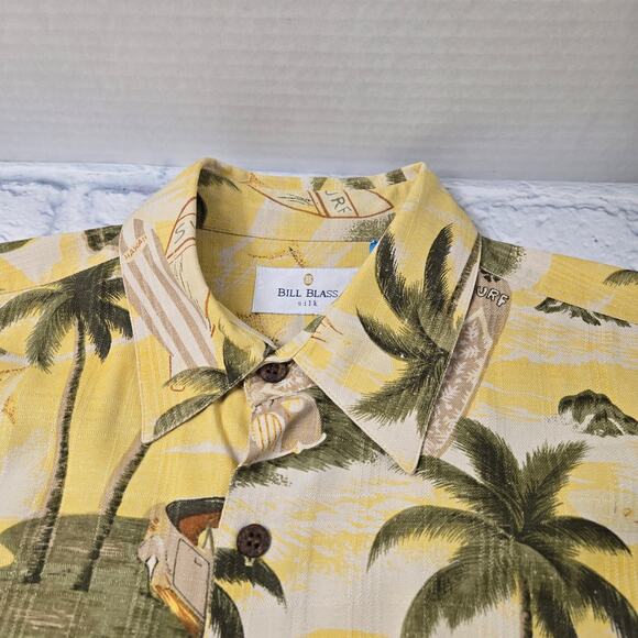 Bill Blass Silk Hawaiian Short Sleeve Button Shirt Vacation Surf Yellow sz Large - Picture 5 of 15